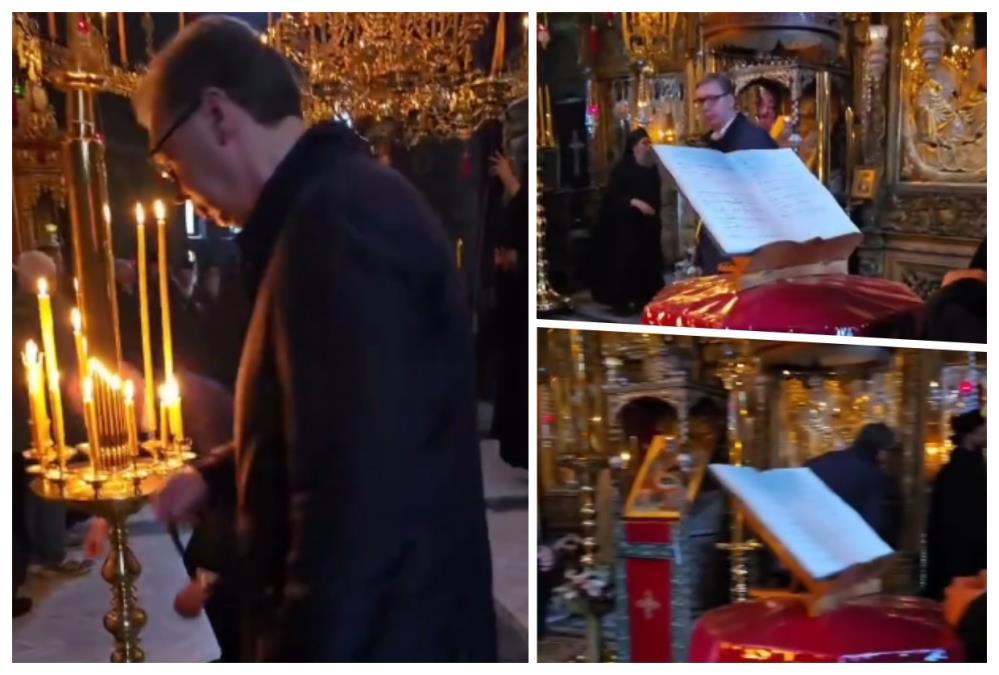 VUČIĆ NA BOŽIĆNOJ LITURGIJI U HILANDARU: Predsednik se poklonio pred Bogorodicom Trojeručicom, čestitao najradosniji hrišćanski praznik (VIDEO)