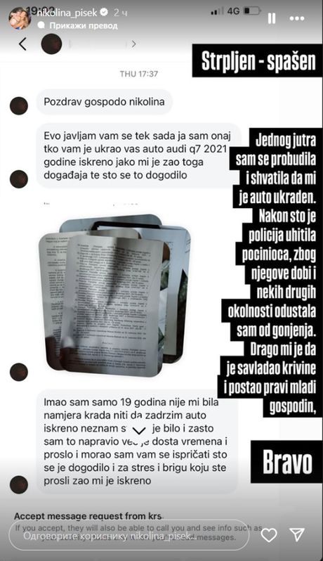 Voditeljki se javio muškarac koji joj je ukrao auto: Nikolina mu je poručila samo jedno, „Postao si gospodin“